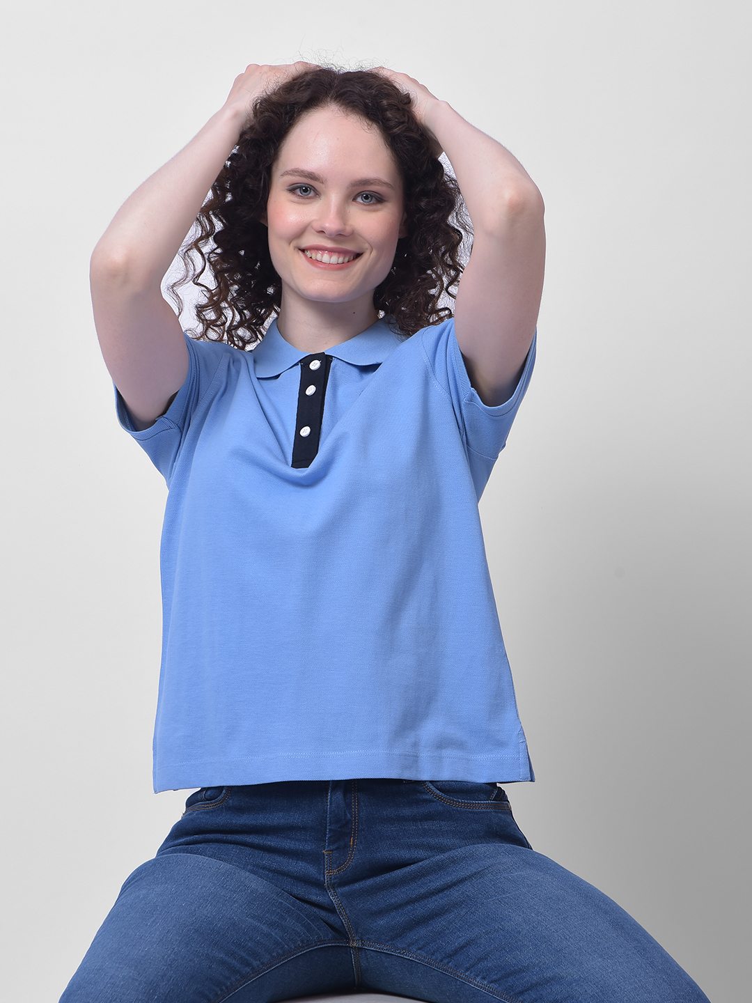 Numero Uno Women Light Blue Contrast Placket Polo Shirt